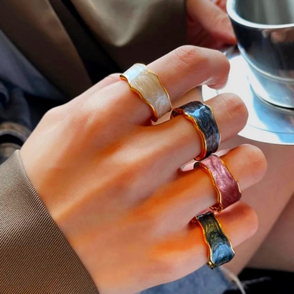 Blue Enamel Gold Boho Ring Resizable Ring - Picture 3 of 5